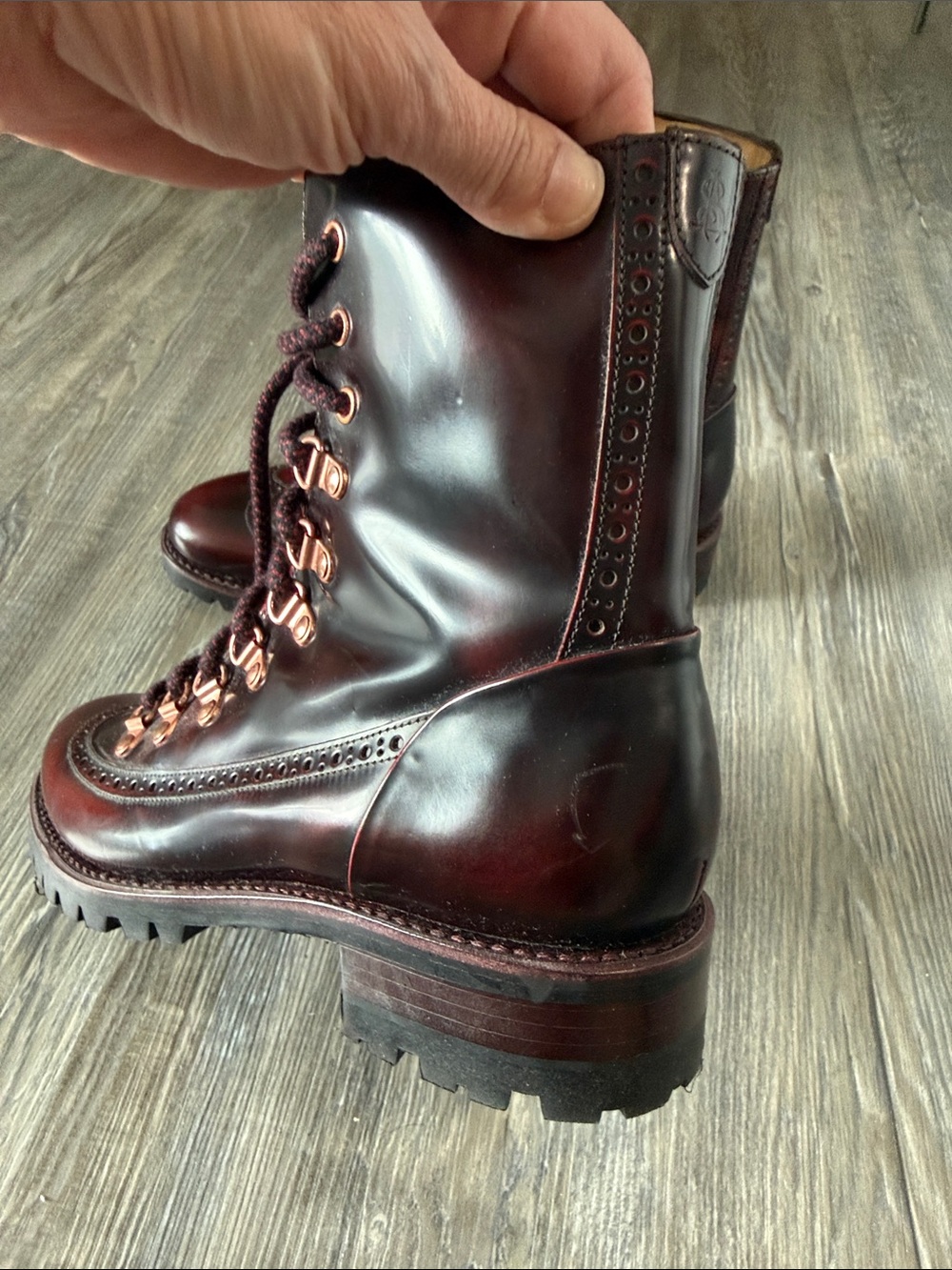 Women's Burgundy Lace-Up Wingtip Boots with Contrast Suede Tongue - Picture 3 of 8